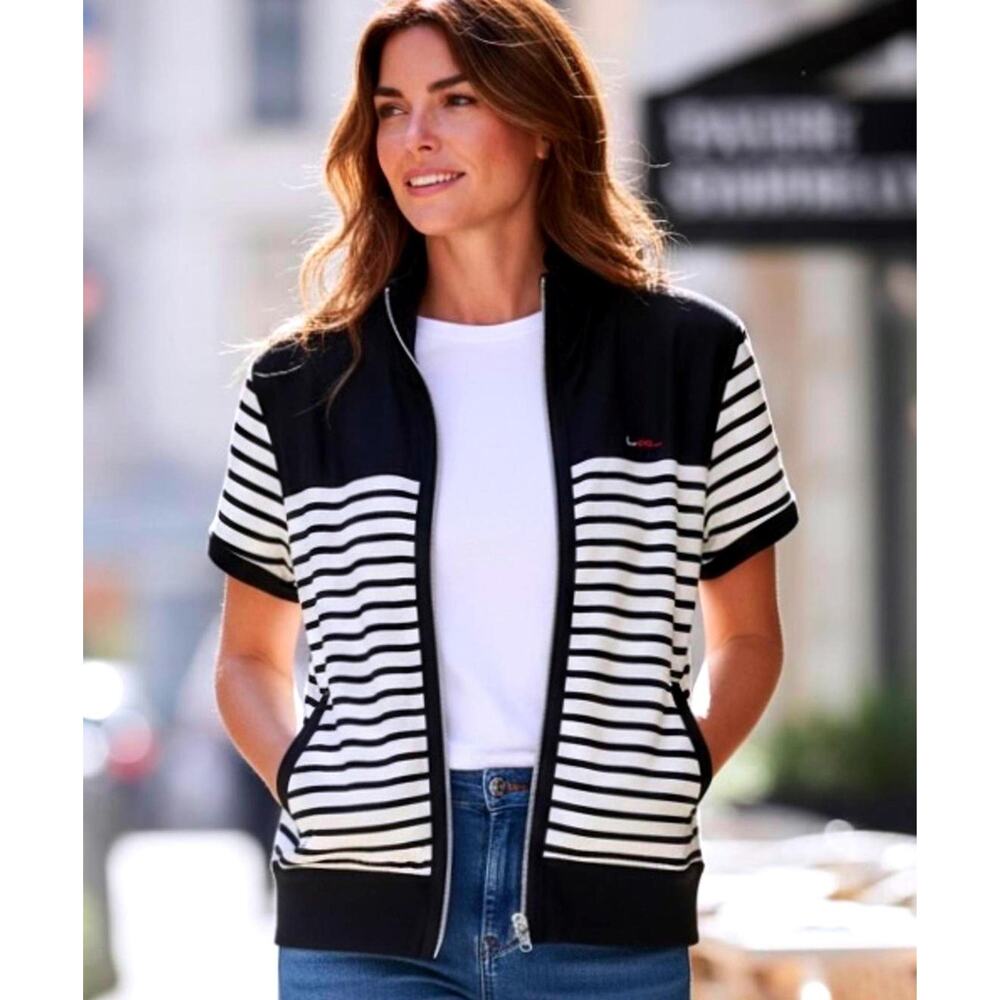 Lauren Ralph Lauren Black/White Nautical Striped Sporty Zip Up Top 1X Preppy